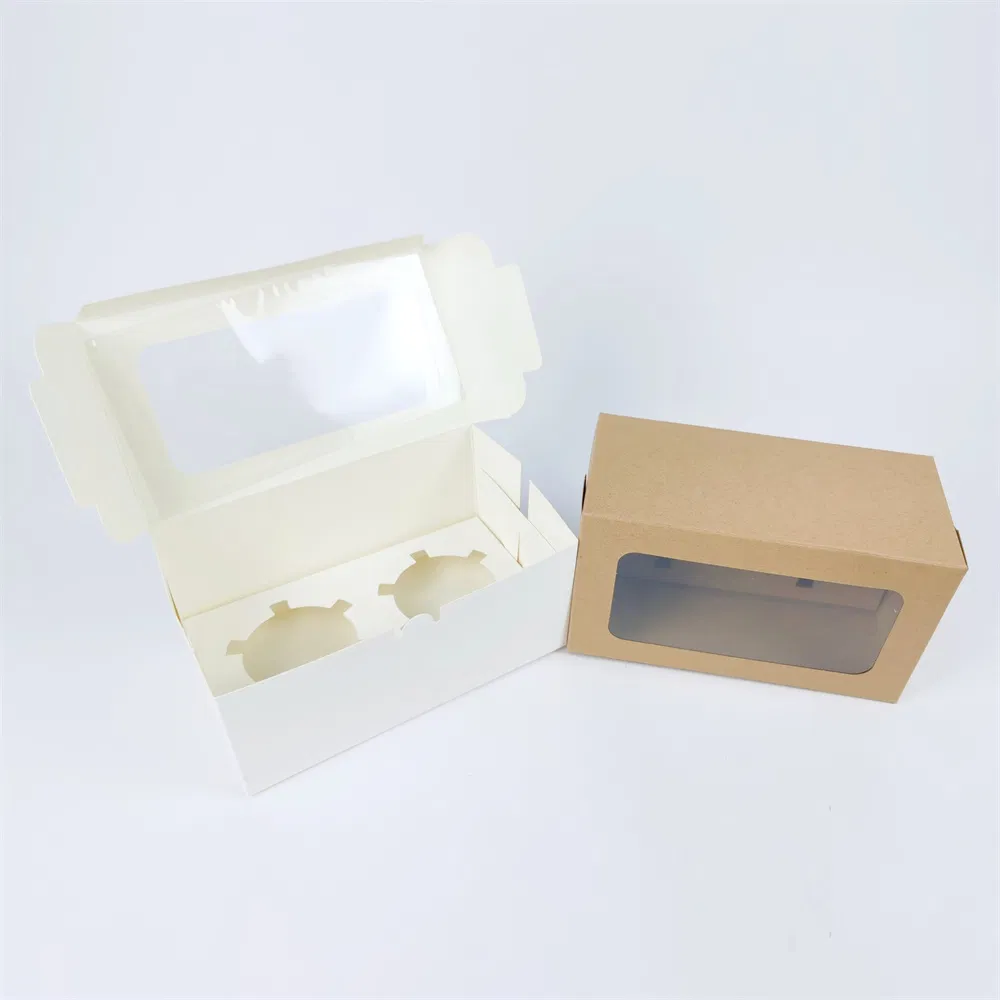 Custom Kraft Paper Box with Clear Window of 2 Cup Cake Recycle Paper Board Cardboard Gift Packaging Boxes