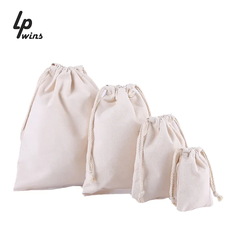 Custom Logo Small Canvas Gift Drawstring Bag Calico Cotton Drawstring Bag