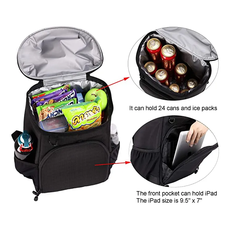 Leakproof Cooler Backpack Soft Lunch Bag Unisex 24 Cans Medium Black Picnic Bag
