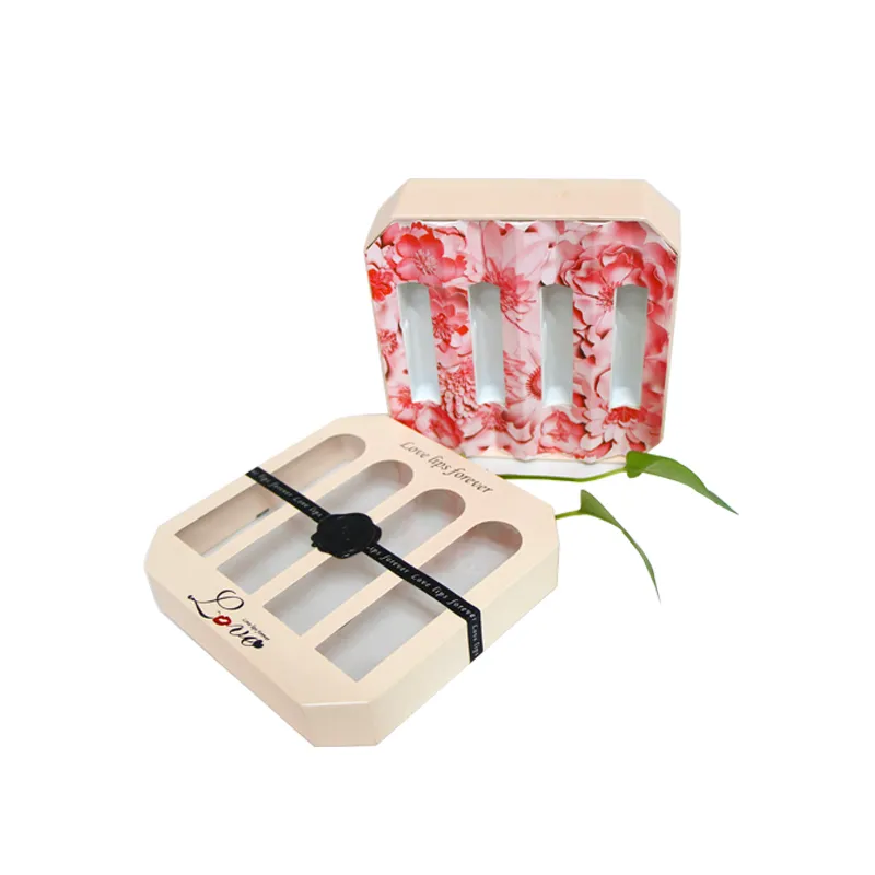 Luxury Cosmetics Lip Gloss Set Gift Box Custom Makeup Lipstick Paper Gift Boxes Packaging with Window/Logo/Bow