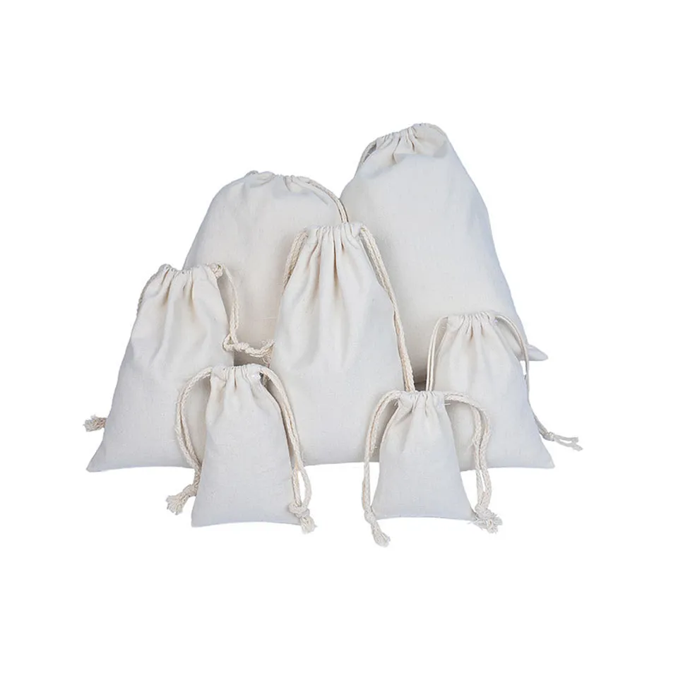 Promotional Custom Printed Plain Calico Gift Storage Dust Packing Bag Large 100% Natural Organic Cotton Canvas Christmas Drawstring Bags