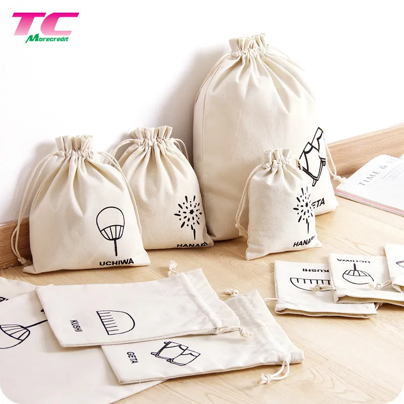 Promotional Custom Printed Plain Calico Gift Storage Dust Packing Bag Large 100% Natural Organic Cotton Canvas Christmas Drawstring Bags