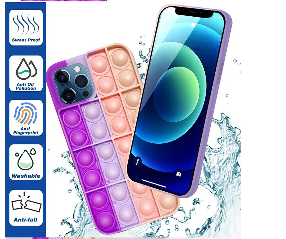 Push It Stress Relief Case for iPhone 12 11 Xr Xs Max 7 8 Plus Fidget Toys Press Bubble Silicone Phone Cover