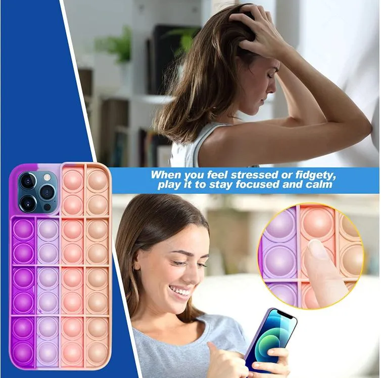 Push It Stress Relief Case for iPhone 12 11 Xr Xs Max 7 8 Plus Fidget Toys Press Bubble Silicone Phone Cover