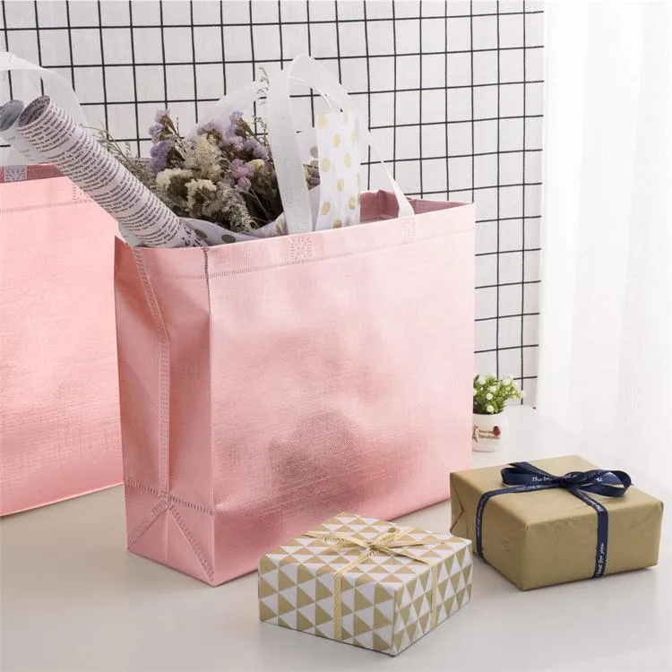 Rose Gold Foil Gift Shopping Bags Promotional Non-Woven Stylish Present Glossy Reusable Grocery Tote Bag with Handle