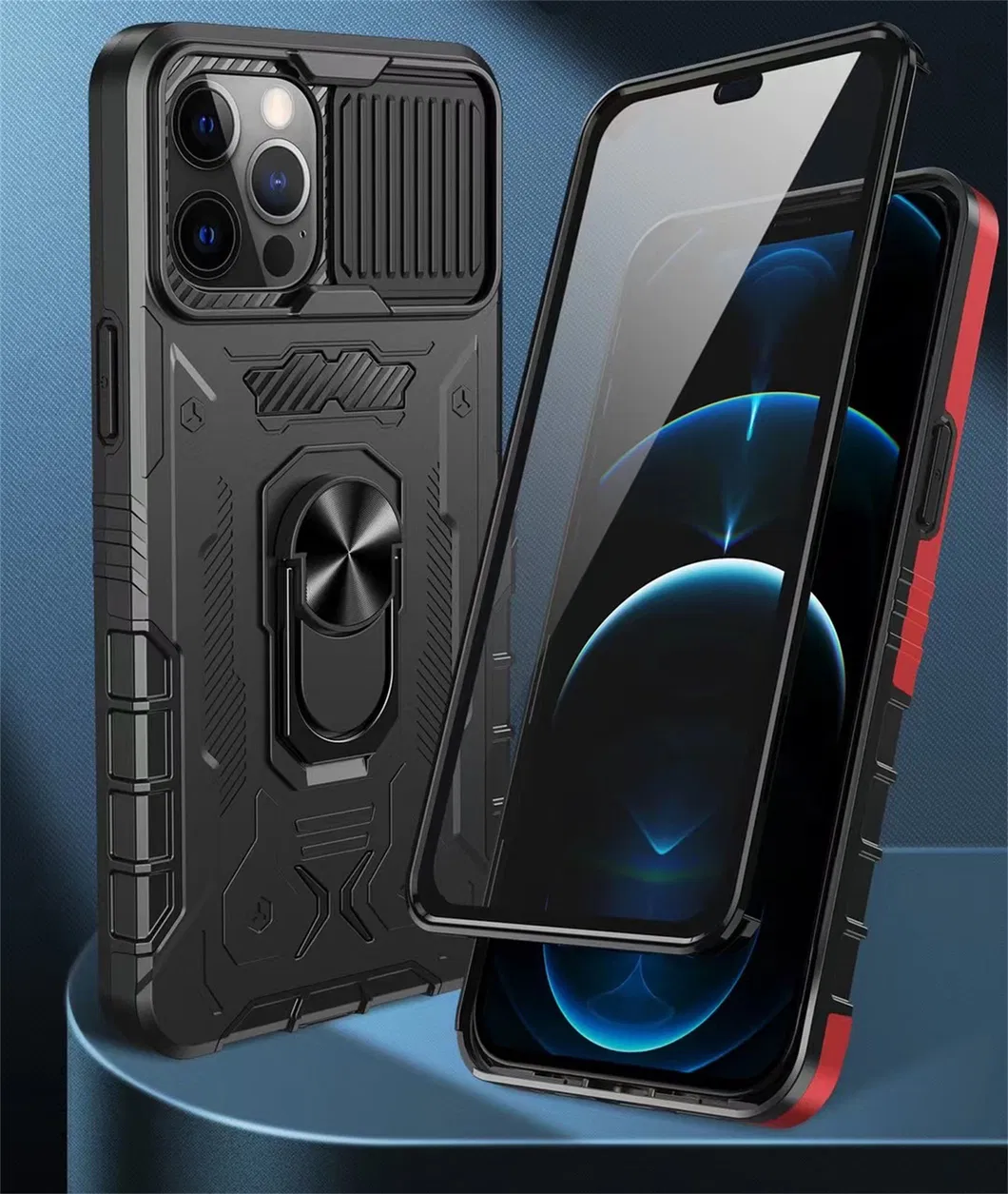 Rugged Shield PC TPU Kickstand Ring Holder Case for iPhone 13 PRO Max