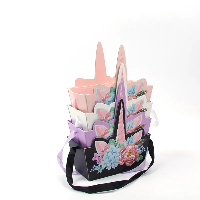 Unicorn Style Portable Present Storage Packaging Box with Ribbon Handles